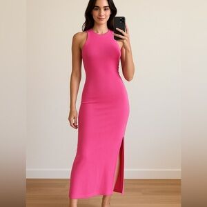 The Drop Gabriela High Neck Sleeveless Maxi Stretch Dress in Rose Pink